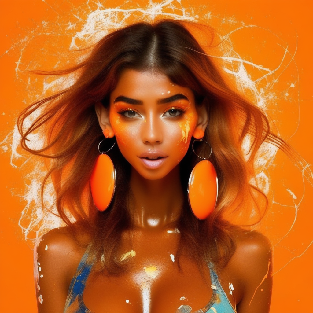, orange background, signature, cleavage, open mouth, cable, mole, hoop earrings, glowing, looking at viewer, paint splatter on face, water, open clothes