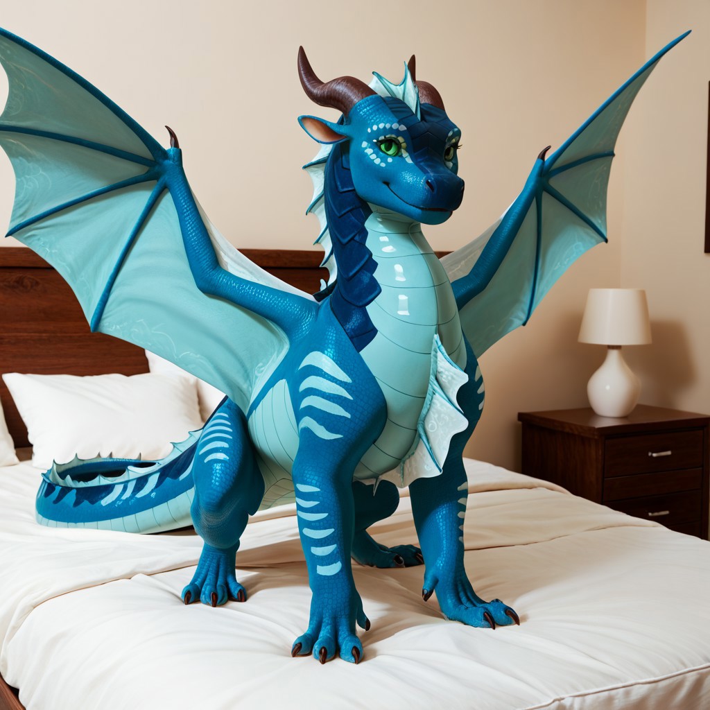 score_9, score_8_up, score_7_up, score_6_up, score_5_up, score_4_up, masterpiece, high quality, realistic, detailed, best quality, solo, rating_safe, source_furry, bedroom, white bed, smiling, happy, detailed eyes, detailed face, looking at viewer, standing, Seawing_wof, aquatic scales, (chin tendrils), dragon, scales, wings, horns, tail, head frill, claws, chest frill, webbed claws, webbed feet, wing pattern, Tsunami_wof, blue scales, green eyes, 1girl, female, spread wings, feral
