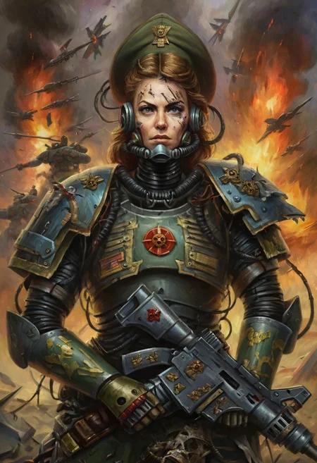 w4rh4mm3r style oil painting, intricate, grimdark,, detailed, retro military infantry commander, female, damaged battle armor, nuclear cyberspace background