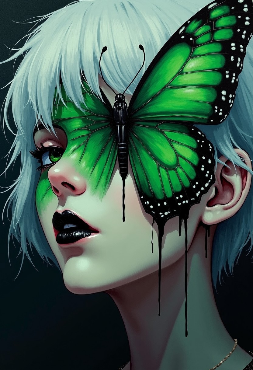 anime art of a stylized portrait of a woman with a dim green butterfly covering her eyes. The butterfly directly attached to her face, as if it were a mask creating a dramatic and surreal effect. The butterfly drips down her face in an oozing black liquid as if the butterfly were melting. The woman's lips are painted black, complementing the wings of the butterfly. the butterfly has a cold aesthetic, which sharply compliments her white hair. An Acrylic style painting that is expressive, gives it a dynamic and emotional quality. anime art of woman draped in shadows with a lighting that enhances her unique features.