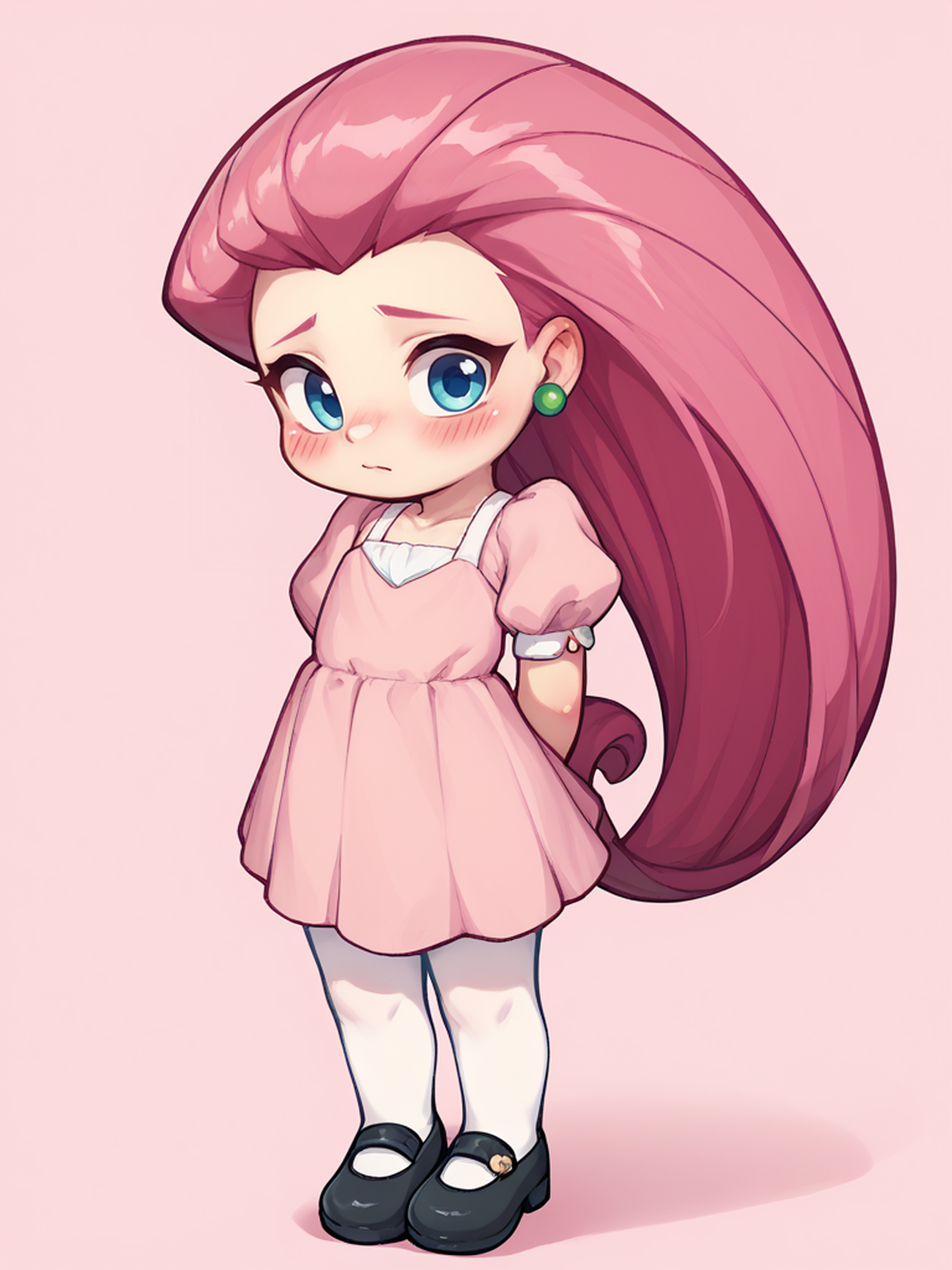 score_9,score_8_up,score_7_up, BREAK,
 <lora:uohh_v3_bb:1>
1girl, solo, cute, small body, flat chest, pink dress, puffy sleeves, white leggings, black footwear, hands behind back, blush, looking at viewer, shy,
 <lora:EPpkJessiePony:0.6> eppkjessie, long hair, hair slicked back, blue eyes, pink hair,