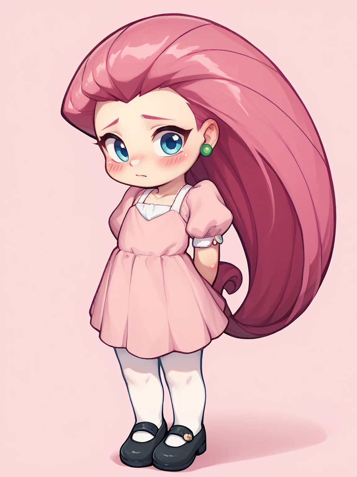 score_9,score_8_up,score_7_up, BREAK,
<lora:uohh_v3_bb:1>
1girl, solo, cute, small body, flat chest, pink dress, puffy sleeves, white leggings, black footwear, hands behind back, blush, looking at viewer, shy,
<lora:EPpkJessiePony:0.6> eppkjessie, long hair, hair slicked back, blue eyes, pink hair,