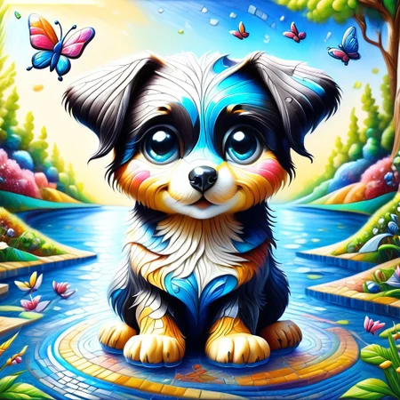 water colored painting a little cute puppy chasing butterfly on the park, detailed, epic art