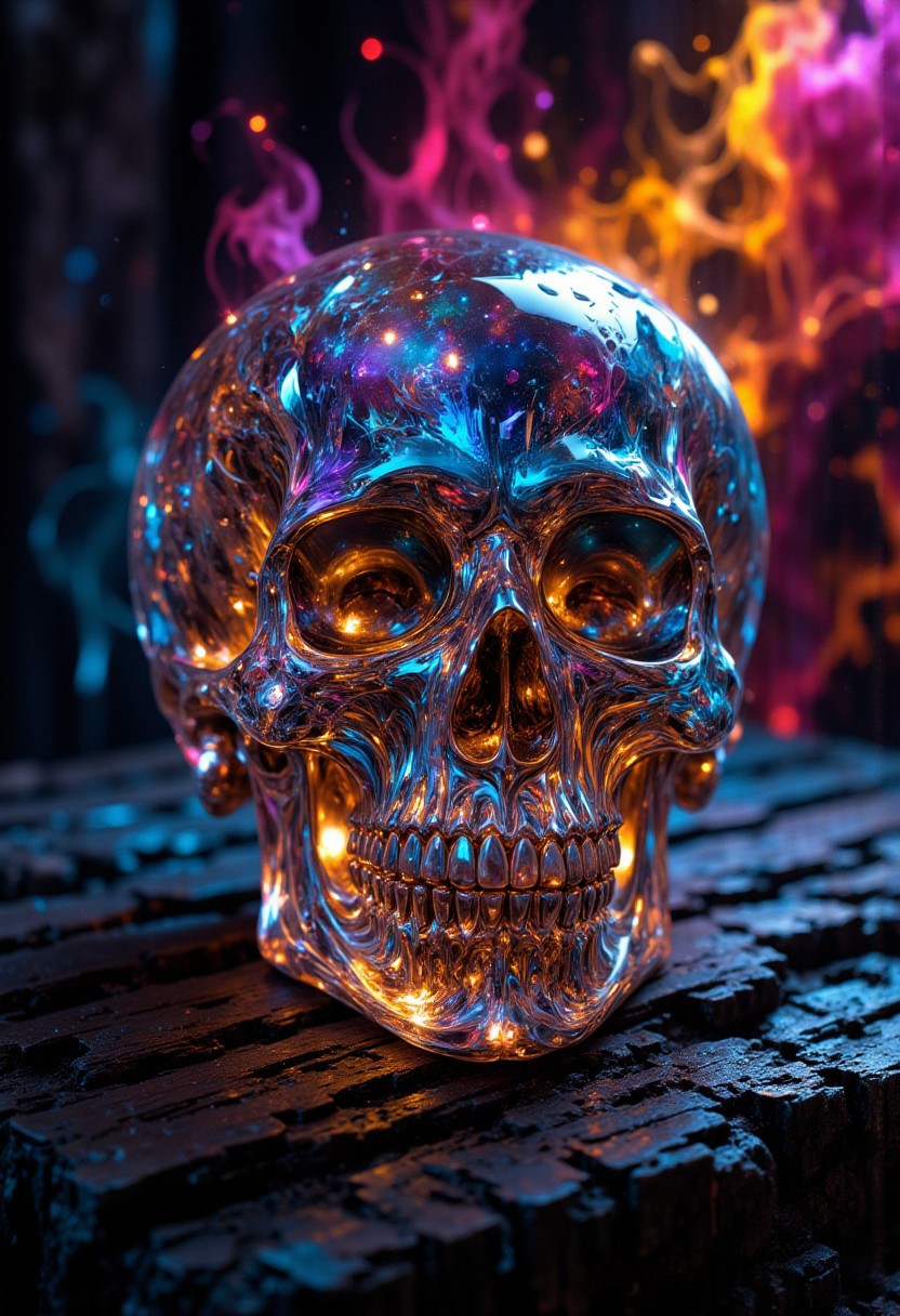 Highly detailed crystal skull face with fine textures, resting on a weathered, textured black wooden surface. Vivid, bright colors in the background create a dynamic Halloween vibe, adding contrast between the intricate, translucent skull and the faded, peeling wood. Depth and shadow are enhanced using Gaussian blur for a soft background focus, while a sharpen filter highlights the skull’s details. Color grading enhances the contrast between warm and cool tones, with a subtle lens flare creating a natural lighting effect. Noise reduction ensures a smooth, clean finish, and HDR toning brings extra depth and detail to emphasize the intricate patterns in both the skull and wood grain