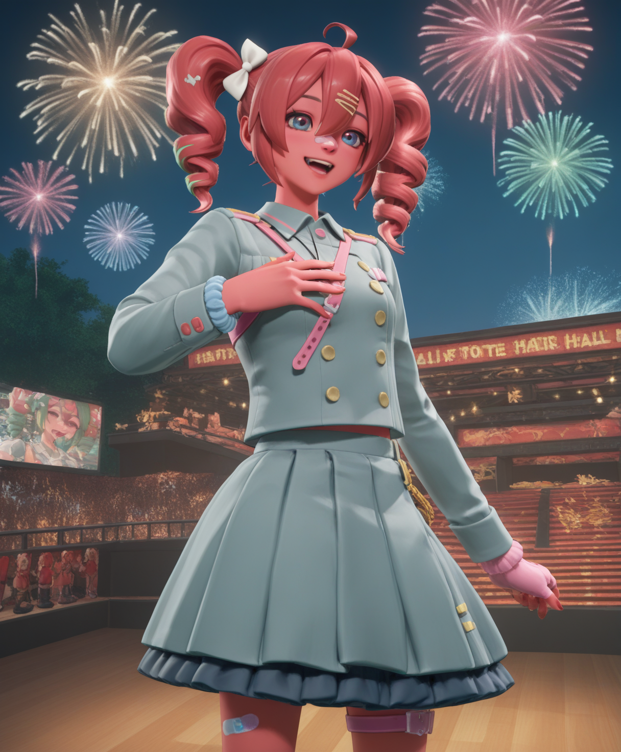 highly detailed, (upper body:1.3), (singing on stage, concert hall, night, fireworks, detailed background, hand on own chest, singing:1.5), fortnite_nemia, 1girl, solo, green hair, twintails, ponytail, long hair, bangs, hair between eyes, hair over one eye, ears, horns, oni horns, single horn, red skin, pink skin, blue eyes, parted lips, bandaid, bandaid on nose, bandaid on thighs, colored skin, hair ornament, hairclip, scrunchie, (kasane teto, boots, bow, buttons, cross-laced footwear, double-breasted, drill hair, frilled skirt, frills, grey jacket, grey skirt, hair bow, jacket, lace-up boots, layered skirt, long sleeves, multicolored hair, red hair, red nails, shirt, skirt, sleeve cuffs, smile, twin drills, white bow, white hair:1.3) <lora:Fortnite_Nemia_Demonically_Cute_Set_ILXL_E29_16_DIM:1>
