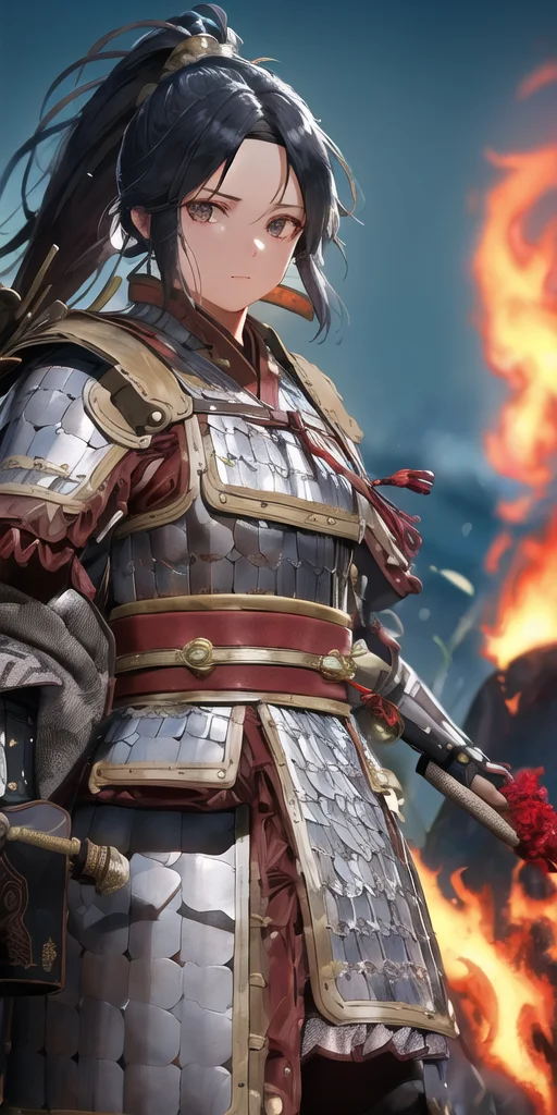 scale armor, wh chi armor, (masterpiece:1.1025), (best quality:1.05), (an extremely delicate and beautiful:1.05), (extremely detailed CG unity 8k wallpaper:1.05), (absurdres:1.05), (ultra-detailed:1.05), (1girl:1.1), cowboy shot, (holding polearm:1.3), (spear:1.3), (fighting stance:1.3), hanfu, looking at viewer, serious, detailed black hair, ponytail, bangs, detailed black eyes, armored headband, armored dress, armored gloves, gorget, flames of war, detailed background, depth of field, outdoors, gold trim, red trim, (eastern dragon pattern:1.1), shiny skin, delicate pattern, intricate detail<hypernet:anime:1>