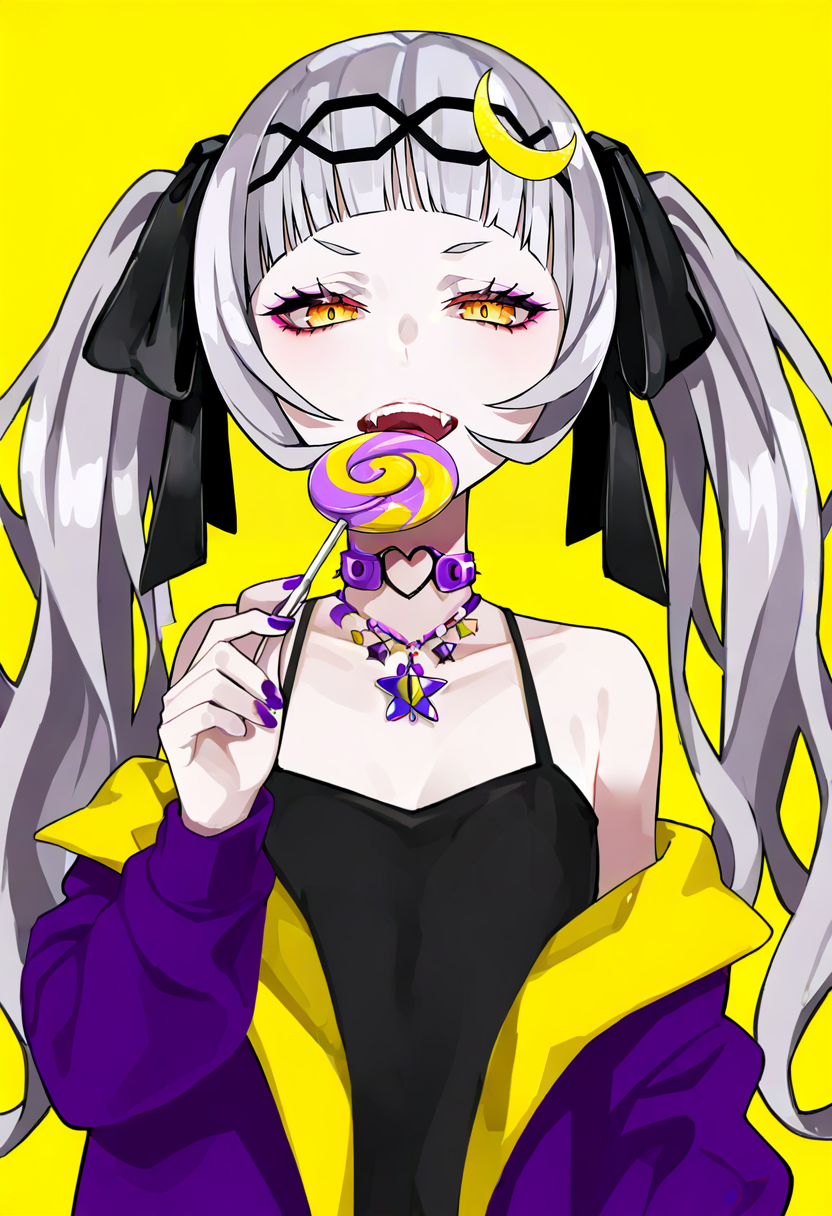 1girl, lollipop, murasaki shion, virtual youtuber, candy, food, solo, hair ornament, purple nails, twintails, long hair, grey hair, holding food, holding, holding candy, bangs, jacket, looking at viewer, holding lollipop, crescent, yellow eyes, blunt bangs, camisole, collarbone, black camisole, jewelry, open mouth, nail polish, necklace, teeth, purple jacket, makeup, alternate costume, off shoulder, choker, upper body, fangs, eyeshadow, ribbon, hair ribbon, hairband, bare shoulders <lora:LAMXL_NBVP1_lokr_V6311PZ:0.95>