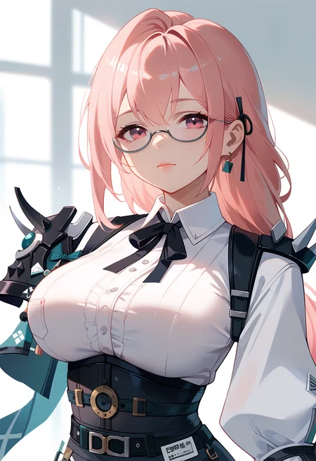 score_9_up,score_8_up,score_7_up,<lora:liu v2.0_pony-000036:1>,
Z_YCL,1girl,pink hair,solo,glasses,large breasts,looking at viewer,black gloves,pink eyes,white shirt,semi-rimless eyewear,black ribbon,ribbon,collared shirt,upper body,long sleeves,closed mouth,shoulder armor