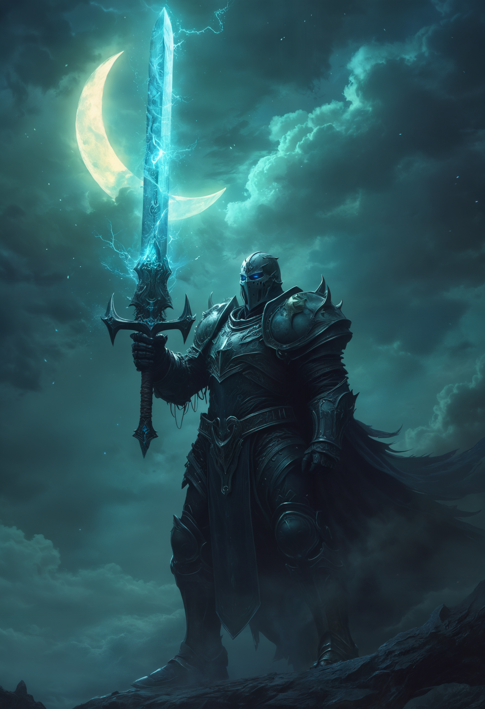 highly detailed and hyper realistic, hyper realistic and highly detailed, a close up of a Death Knight holding a gigantic glowing sword into the air, dark clouds and a crescent moon in the background, concept art, fantasy art, Lich King, splash screen art, cyborg necromancer, epic full color illustration, in dark souls manner, fallen knight, wraith, overlord, Wow, dark, atmospheric haze
<lora:xl_more_art-full_v1:0.5> <lora:add-detail-xl:1>