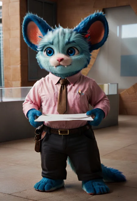 (((Barefoot furry character, full body, cinematic setting, furry male, plantigrade))) 
(((nubs_pooba))) dressed as (((businessman))), standing before (((modern glass and steel office building))), (((wearing pink shirt with brown necktie and long black pants))), stern, strict, ((arrogant))), blue fur, blue eyes, round ears, two little fangs, holds paper plates. semi-realistic animation
BREAK, intricate details, highly detailed, extreme detail, octane render, fine art, best quality, highres, (detailed face:1.5), ((full_body)), UHD, (((perfect hands))), ((low light:1.5))