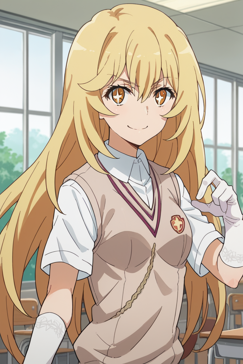 score_9, score_8_up, score_7_up, source_anime,
misakishokuhou, <lora:misaki-shokuhou-s3-ponyxl-lora-nochekaiser:1>,
misaki shokuhou, blonde hair, hair between eyes, long hair, symbol-shaped pupils, yellow eyes, smile,
elbow gloves, gloves, school uniform, short sleeves, summer uniform, sweater vest, tokiwadai school uniform, white gloves, light brown sweater vest,
indoors, classroom,
looking at viewer, cowboy shot, dutch angle, dynamic pose,