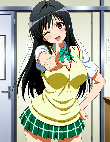 <lora:dmd2_sdxl_4step:1>,1girl,official style,masterpiece,best quality,newest,very aesthetic,highly detailed,high resolution,absurdres,highres,depth of field,super detailed skin,very awa,Anime,anime coloring,anime screencap,kotegawa yui,school_uniform,skirt,<lora:kotegawa_yui_V2.2:1>,index_finger_raised,pointing_at_viewer,one eye closed,blush,(head_tilt:1.3),hand_on_hips,open mouth,
