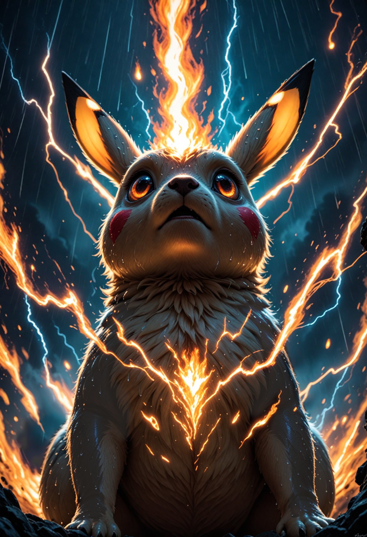 score_9, score_8_up, score_7_up, score_6_up, score_5_up, score_4_up, source_furry,  pikachu standing in rain, looking up, burning eyes, grinning, low angle view, storm clouds, lightning, wet, electricity, sparks,  bright colors, high contrast, vivid lighting, cinematic  <lora:Hyper-SDXL-2steps-lora:1.0> <lora:spo_sdxl_10ep_4k-data_lora_webui:1.0>