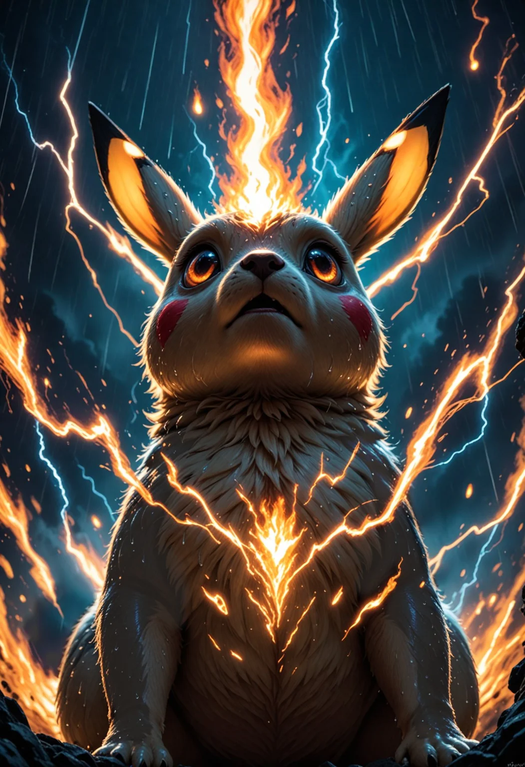 score_9, score_8_up, score_7_up, score_6_up, score_5_up, score_4_up, source_furry,  pikachu standing in rain, looking up, burning eyes, grinning, low angle view, storm clouds, lightning, wet, electricity, sparks,  bright colors, high contrast, vivid lighting, cinematic  <lora:Hyper-SDXL-2steps-lora:1.0> <lora:spo_sdxl_10ep_4k-data_lora_webui:1.0>