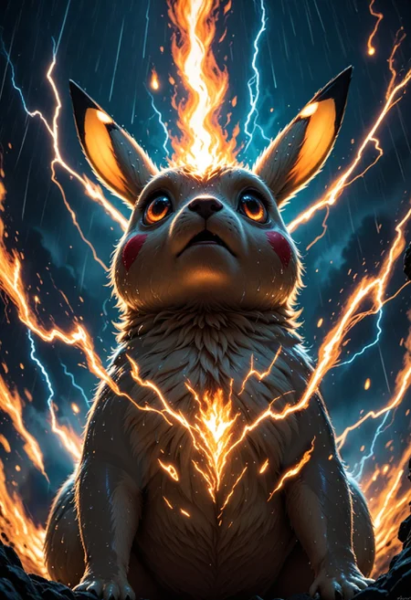 score_9, score_8_up, score_7_up, score_6_up, score_5_up, score_4_up, source_furry,  pikachu standing in rain, looking up, burning eyes, grinning, low angle view, storm clouds, lightning, wet, electricity, sparks,  bright colors, high contrast, vivid lighting, cinematic  <lora:Hyper-SDXL-2steps-lora:1.0> <lora:spo_sdxl_10ep_4k-data_lora_webui:1.0>