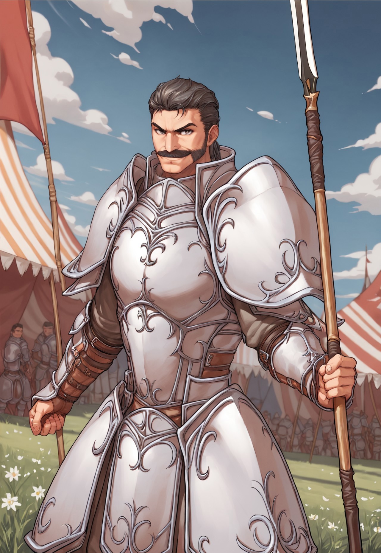 score_9, score_8_up, Tauroneo, pauldrons, grey hair, grey eyes, mustache,  armor, facial hair, blue sky, medieval fair, colorful tents, outdoor, looking at viewer, smile, portrait, dynamic pose, muscular, pennon flags, (holding one spear), dutch angle,