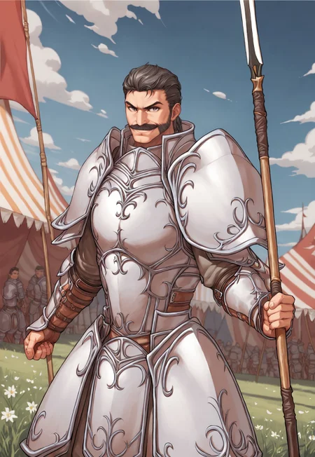 score_9, score_8_up, Tauroneo, pauldrons, grey hair, grey eyes, mustache, armor, facial hair, blue sky, medieval fair, colorful tents, outdoor, looking at viewer, smile, portrait, dynamic pose, muscular, pennon flags, (holding one spear), dutch angle,