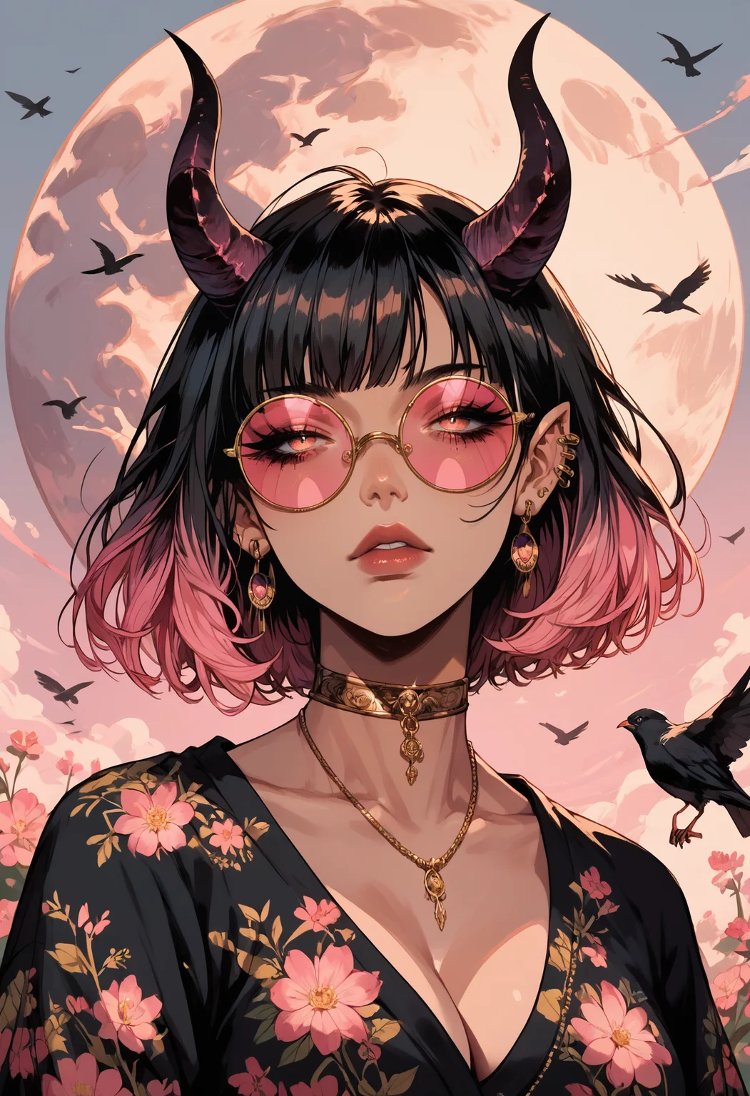 score_9, score_8_up, score_7_up score_9, score_8_up, score_7_up, score_6_up, score_5_up, score_4_up,
 <lora:GothGirlAestheticV5-000015:1> g0th,
1girl, horns, black hair, solo, multicolored hair, tinted eyewear, jewelry, bird, moon, shirt, pink hair, piercing, upper body, breasts, earrings, pink-tinted eyewear, short hair, floral print, round eyewear, gold choker, gradient hair, pointy ears, demon horns, cleavage