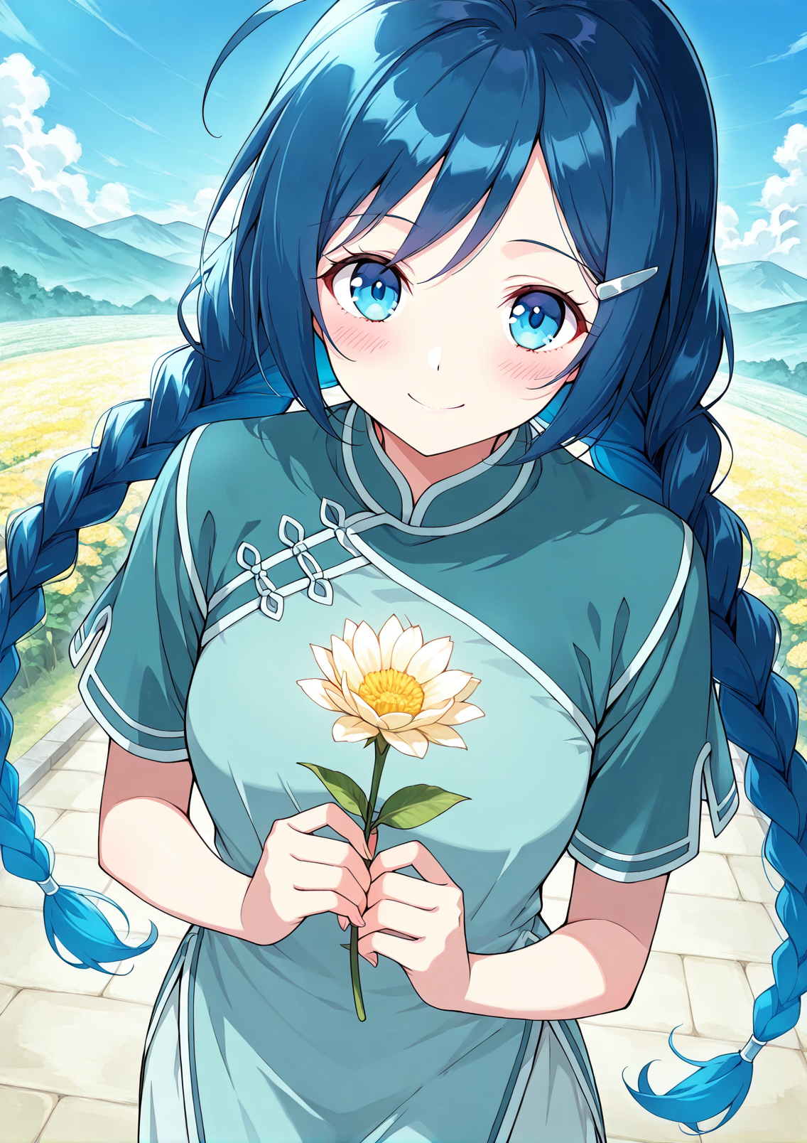 <lora:Ling-Er__Battle_Through_the_Heavens__Illustrious:1>
1 girl, solo, blue eyes, blue hair, braid, twin braids, long hair, ahoge, chinese clothes, short sleeves, hair ornament, hairclip, 
score_9, score_8_up, score_7_up, very aesthetic, source_anime, detailed, high quality, beautiful, masterpiece, detailed eyes, highres, best quality, masterpiece, outdoors, looking at viewer, blush, smile, holding flower, from above, floating, blue sky