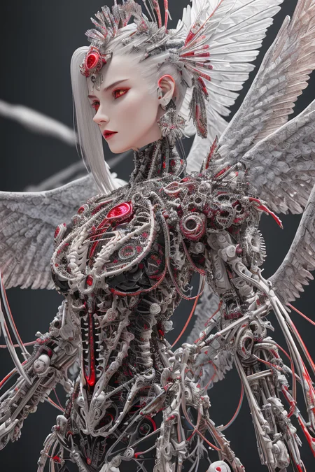 complex 3d render ultra detailed beautiful death angel, biomechanical cyborg, analog 150 mm lens, beautiful natural soft rim light, crystal feathers, roots, fine foliage lace, colorful details, Boris Bidjan Saberi outfit, pearl earrings, piercing, art nouveau fashion embroidered, intricate details, mesh wire, mandelbrot fractal, facial muscles, cable wires, microchip, badass, hyper realistic, ultra detailed, octane render, volumetric lighting, 8k post-production, red and white with a bit of black, detailled metalic bones, semi human, iridescent colors, Glenn Brown style, futuristic room, power of the god, high-angle shot, complex body poses