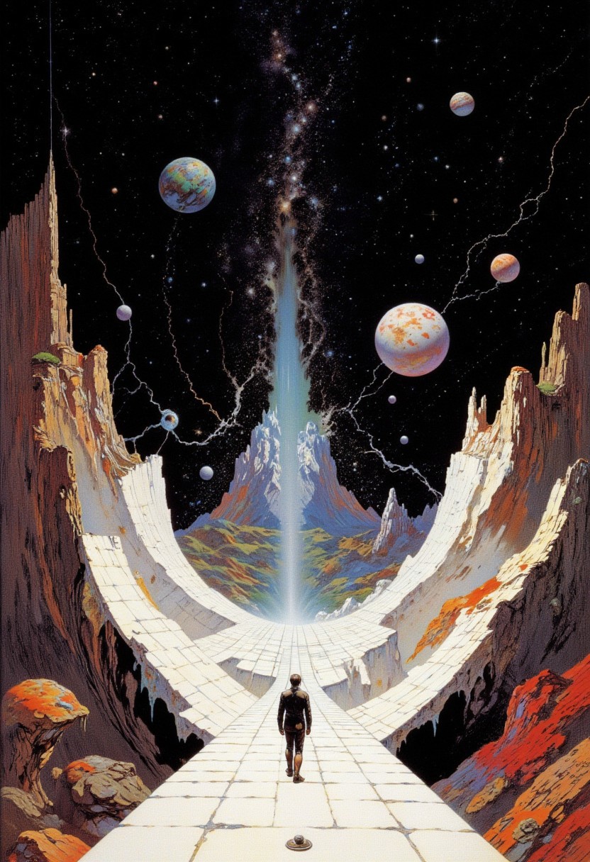 A cosmic, surreal artwork depicting a businessman standing at the center of a large, warped grid that forms a three-dimensional tunnel stretching into the infinite distance. The grid is white, contrasting sharply against the vast, starry background filled with twinkling stars and distant galaxies. Surrounding the grid are several vibrant planets of varying colors--one with earthy blue and green tones, another with fiery red and orange textures, and a gas giant with swirling bands of white, orange, and red. The entire scene has a vintage, analog sci-fi art style with a grainy, textured look, giving it a dreamlike, psychedelic atmosphere. Adding depth to the composition. High resolution, high detail, sharp focus, professional photography, full frame