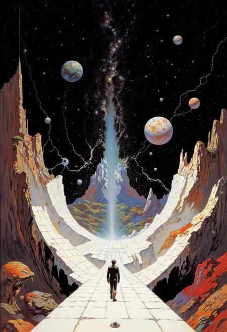 A cosmic, surreal artwork depicting a businessman standing at the center of a large, warped grid that forms a three-dimensional tunnel stretching into the infinite distance. The grid is white, contrasting sharply against the vast, starry background filled with twinkling stars and distant galaxies. Surrounding the grid are several vibrant planets of varying colors--one with earthy blue and green tones, another with fiery red and orange textures, and a gas giant with swirling bands of white, orange, and red. The entire scene has a vintage, analog sci-fi art style with a grainy, textured look, giving it a dreamlike, psychedelic atmosphere. Adding depth to the composition. High resolution, high detail, sharp focus, professional photography, full frame