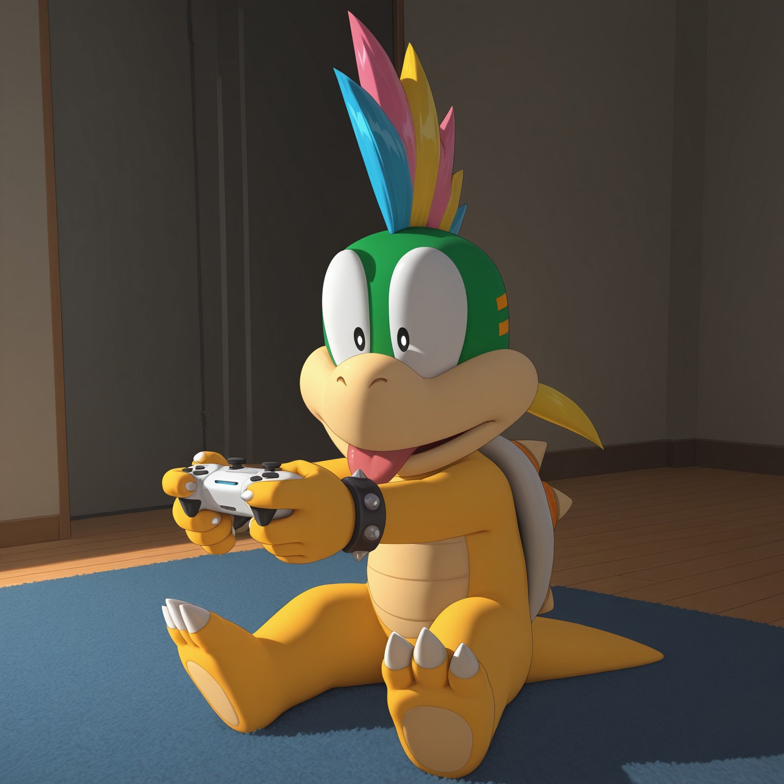 Lemmy, solo, 2D, 1boy, male, mohawk, blue hair, yellow hair, pink hair, multicolored hair, (yellow ponytail), black pupils, shelled, orange spiked shell, tail, spiked bracelets, scalie, yellow skin, green head, claws, toe claws, 3 toes, orange bars marking on head, short tail, 

BREAK sitting, on rug, inside, indoors, holding game controller, tounge out, neutral expression

BREAK best quality, amazing quality, very aesthetic, absurdres, newest, masterpiece 