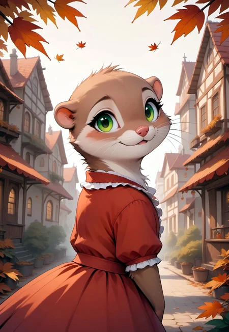 score_9, score_8_up, score_7_up, score_6_up, score_5_up, score_4_up, 
[][][][][] 
(brown fur:2), green eyes, (((mustelid))), fl00ffymadn3ss, m0use_goldie, fluffy,
[][][][][] 
(solo), (frilly shirt, skirt), (feral, cute), outdoors, village, (simple background:1.2), autumn, falling leaves, tail, rear view, (upper body shot:1.5). looking back, looking at viewer, (close up:1.5),
