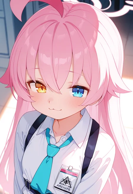 (best quality , masterpiece, good quality), very aesthetic, absurdres, general, sfw, 1girl, solo, hoshino \(blue archive\), heterochromia, yellow eyes, blue eyes, ahoge, pink hair, long hair, halo, school uniform, harness, necktie, :3, gaoustyle, <lora:gaoustyle_ilxl:1>,