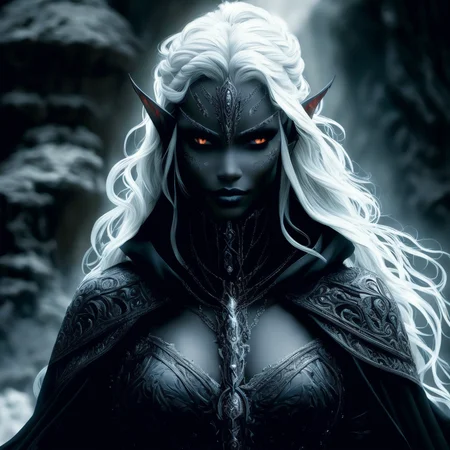 elf woman warrior, drow, wavy white hair, dark makeup, face tattoos, leather armor, cape, looking intrigued, ((head tilted)), brightly illuminated face, dark skin, looking at viewer, smirking smile, realistic, intricate details, subsurface scattering, turned away, ornate body armor, elven runes, upper body, cowboy shot, black and silver armor, silver eyes, castle ruins, masterpiece, strong front light, bright moonlight, sidelight <lora:Drow:1>