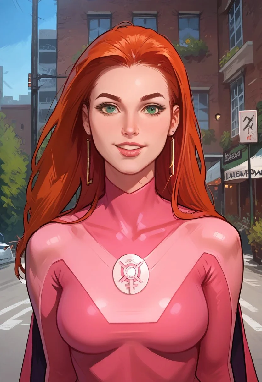 score_9, score_8_up, score_8, score_7_up, photo of eveinv, 1girl, solo, long hair, green eyes, perfecteyes, easynegative, large breasts, cinematic lighting, realistic, Expressiveh,
pink bodysuit, boots, cape,
in the city, standing on the street, close up, smile,