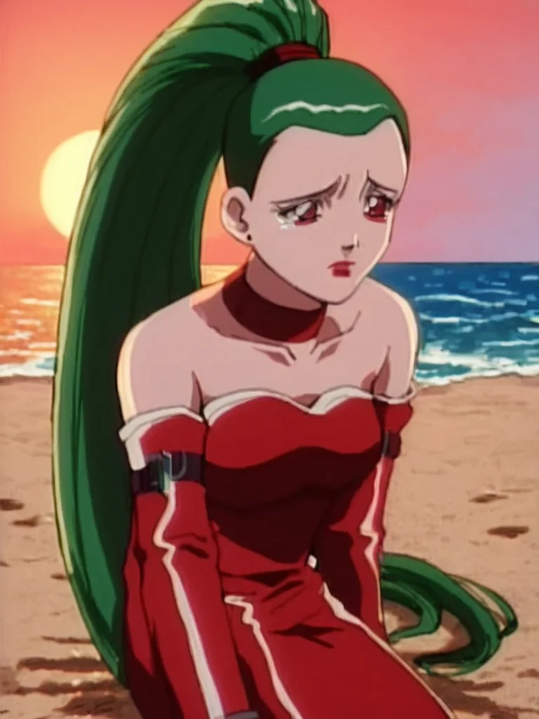 score_9,
sad, sitting, sand, ocean, sunset, exhausted, teardrop, upper body,
<lora:xl_more_art-full_v1:0.45>,
<lora:Petra_Fina_-_Flint_The_Time_Detective_-_CH.Memories:1>, petra fina, 1girl, long hair, green hair, red eyes, lipstick, ponytail, red dress, 1990s \(style\), solo,