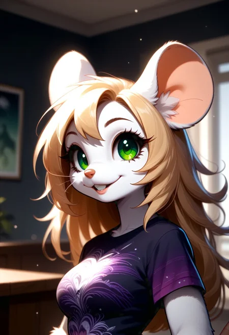 score_9, score_8_up, score_7_up, source_furry, FMW1, fluffy, painterly, vibrant details, indoors, Chloe, 1girl, solo, (medium breasts:2), long hair, blonde hair, animal ears, (green eyes, gradient eyes:1.5), furry female, mouse ears, mouse girl, mouse tail, body fur ,white fur, bangs, animal nose, buck teeth,
upper body, headshot, long eyelashes, wide smile, parted lips,
(lace trim, violet print t-shirt:1.5), hands on hip, looking at viewer, kftenhance,