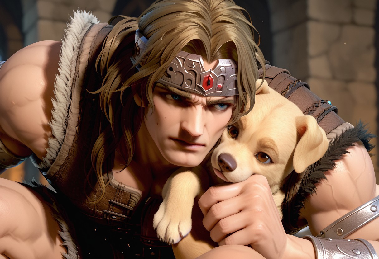 Simon Belmont squatting while holding a labrador retriever puppy, score_9, score_8_up, score_7_up, score_6_up, score_5_up, score_4_up, simonbel, simon belmont, leather armor, (((jeweled headband))), stylized brown breastplate, leather brown shorts, stylized loincloth, (((((single pauldron))))), metal wristbands, shoulder length blonde hair, fur lined boots, leather tassets, dungeon background, spooky background, ((((holding dog)))), ((labrador retriever))