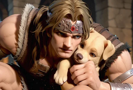 Simon Belmont squatting while holding a labrador retriever puppy, score_9, score_8_up, score_7_up, score_6_up, score_5_up, score_4_up, simonbel, simon belmont, leather armor, (((jeweled headband))), stylized brown breastplate, leather brown shorts, stylized loincloth, (((((single pauldron))))), metal wristbands, shoulder length blonde hair, fur lined boots, leather tassets, dungeon background, spooky background, ((((holding dog)))), ((labrador retriever))