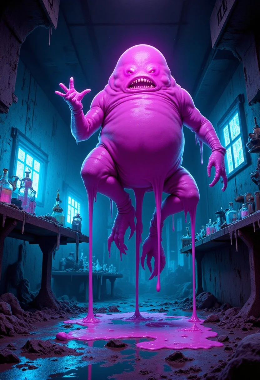 A weird blob creature in a chemical sci-fi lab, dripping fluorescent fluids, detailed background