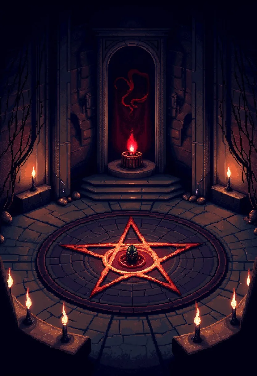 pixel-art
a sepulchral chamber, bereft of all but the most rudimentary furnishings. Bare stone walls, stained with the residue of centuries-old sacrifices, encircle the circular space, their surfaces gouged by the claws of nameless entities summoned therein. Cobwebs drape like funeral shrouds from the vaulted ceiling, concealing the origins of the guttering torches that struggle vainly to dispel the oppressive gloom.
Upon the flagstone floor, traced in congealed vitae, burns a pentagram of terrifying proportions. Its points bleed into the void, connecting to lesser symbols arranged in concentric rings around the perimeter. Candles of black wax, their wicks sputtering erratically, ring the circumference, bathing the macabre tableau in a ghoulish reddish-orange light.
And then, from the very heart of the occult diagram, a presence manifests. Emerging inch by excruciating inch, a nightmare made manifest pushes its way into our reality. Horned and tailed, with leathery wings folded tightly against its back, the demon regards us with eyes that burn like radioactive poison.
...
pixel art style, 8-bit graphics, blocky, pixelated, vibrant colors, recognizable characters and objects, game assets,
aidmaMJ6.1, pixel art