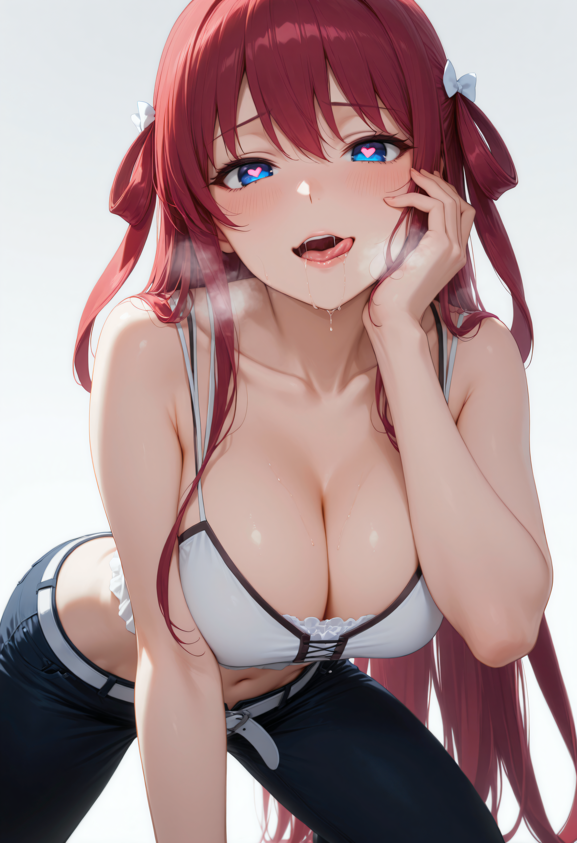 <lora:Char_SuouAmane:1>, red hair, long hair, blue eyes, two side up, hair bow, hair rings, white bow,
Am4Cas, white camisole, black strap, black trim, crop top, cleavage, collarbone, midriff, navel, white belt, black jeans,
white background, simple background, crawling, heart pupils, licking lips, saliva trail, hand on own face, open mouth, heavy breathing, looking at viewer, all fours, very awa, masterpiece, best quality, highres, absurdres