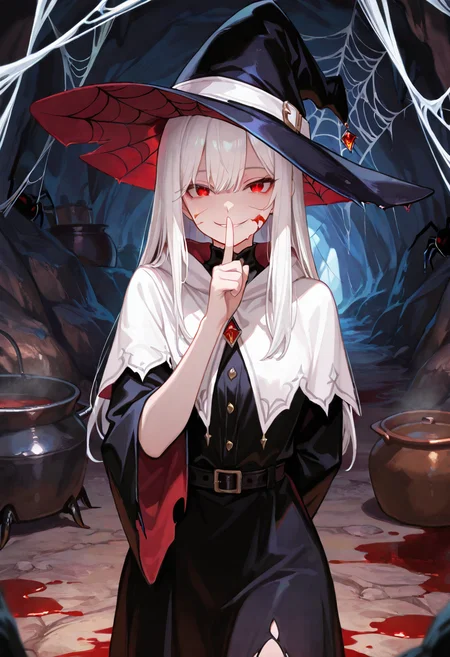 masterpiece,best quality,very aesthetic,newest,absurdres,1girl,witch hat,shushing,spider web background,evil smile,shushing,spider web,web,
standing,arm behind back,cave,pot, blood,blood on face, white hair, <lora:DetailedEyes_V3:1> , close-up,