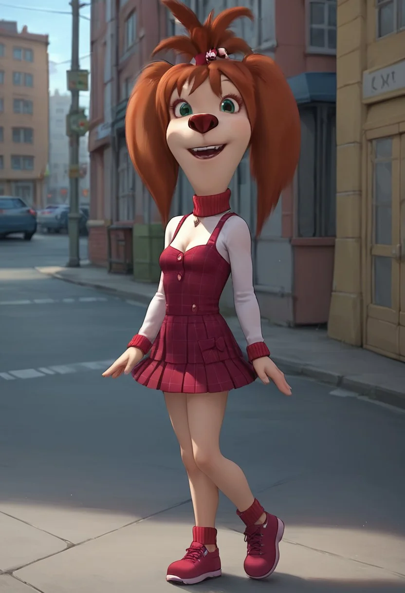 score_9, score_8_up, score_7_up, score_6_up, 1girl, solo,  skinny, Liza_Barboskina, dog anthro, female, small boobs, short sport dress, no pants, beautiful legs, dog feet, no boots, cleavage, full body view, looking at viewer, seductive look, seductive smile, slightly open mouth, (russian city street background:1,4), sexy pose, neck, standing, 3/4 side view, close view,