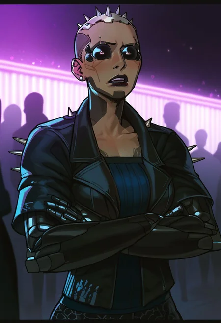 score_9, score_8_up,score_7_up, score_6_up, score_5_up, score_4_up,
BREAK, 1girl, metal scalp with spikes, cybernetic spider eyes, matte black cybernetic arms, light skin, black block tattoos, glossy black lipstick, spiked leather jacket, black sequined pants, red and silver sneakers,
BREAK, standing, arms crossed, looking at camera, neon lights, futuristic nightclub, blue and purple hues, blurred crowd, high-tech decor, holographic displays, dim ambient lighting, sleek metallic surfaces, cyberpunk vibe, urban nightlife atmosphere
BREAK, aesthetic, wallpaper, high quality, upper body, bright colors, high contrast, dark background, vivid lighting,