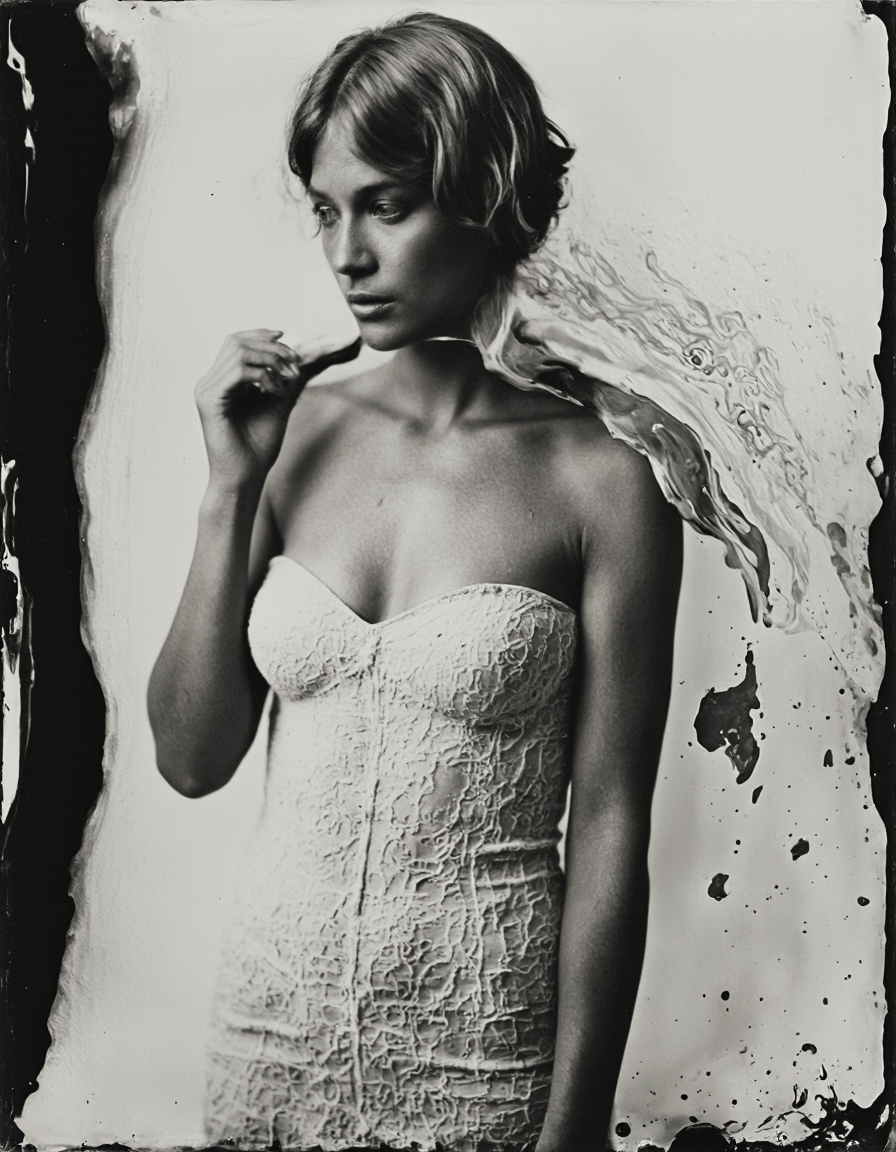 wetplatecollodion photo of woman wearing bodycon dress,
border, swirls, washed out, textured, smears