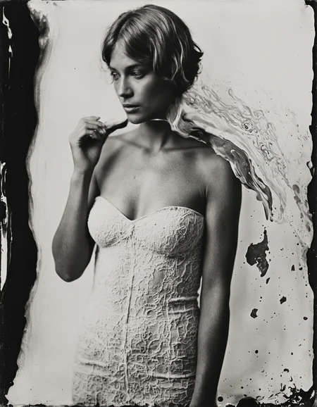 wetplatecollodion photo of woman wearing bodycon dress,
border, swirls, washed out, textured, smears