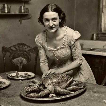daguerreotype of circa 1850 woman, putting a platter of roasted alien turkey trilobites on a dirty dining table, in old kitchen, wearing a cotton revealing sexy dirty old ripped dress made of cotton, detailed face, monsters, intricate detail