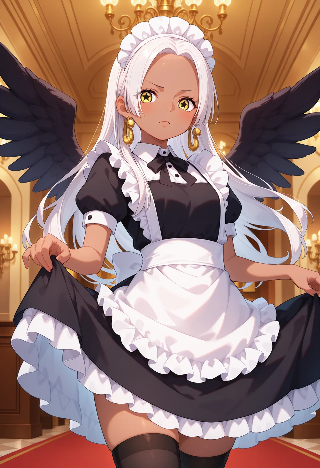 best quality, masterpiece, aass, long hair, white hair, dark-skinned female, earrings, yellow eyes, star-shaped pupils, black wings, <lora:s-snake_ilxl_v1:0.9>, standing, cowboy shot, maid, maid headdress, skirt hold, zettai ryouiki, indoors, chandelier,