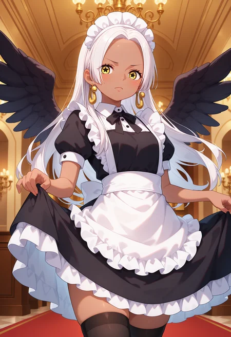 best quality, masterpiece, aass, long hair, white hair, dark-skinned female, earrings, yellow eyes, star-shaped pupils, black wings, <lora:s-snake_ilxl_v1:0.9>, standing, cowboy shot, maid, maid headdress, skirt hold, zettai ryouiki, indoors, chandelier,