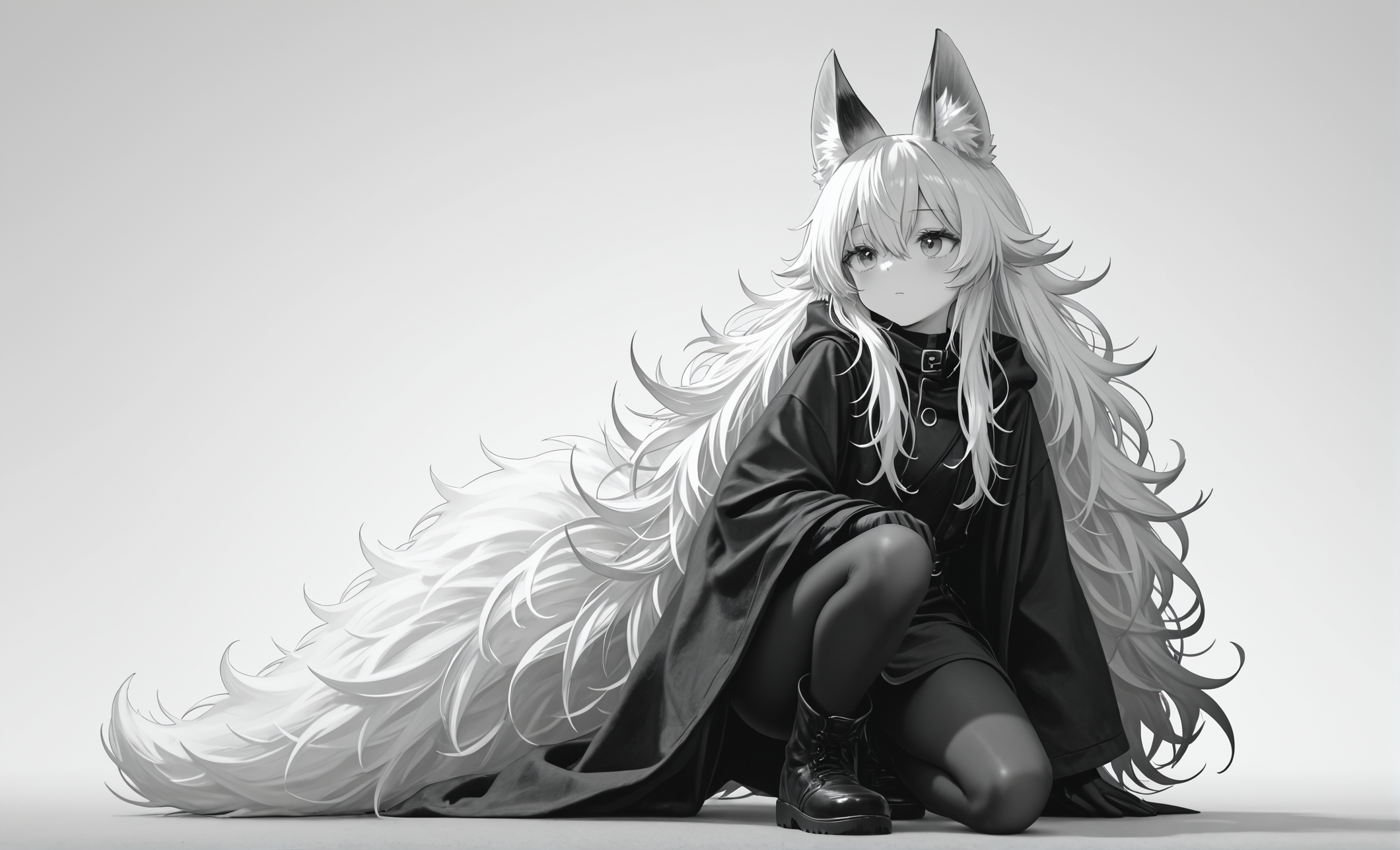 texture masterpiece, best quality, best quality, [quasarcake:crain1art:9], [dlgeria::9], (xxyt-xx:0.85), chen bin, (as109:0.5), fagun_yibei, berryverrine, Turkish, anime, dynamic action scene,
cinematic, 1girl, gradient black (monochrome:0.65), fluffy hair, (from_side:0.67), looking ahead, fluffy hair, hair_flaps, big hair, animal_ears, simple background, thick outlines, Kneeling with one knee up