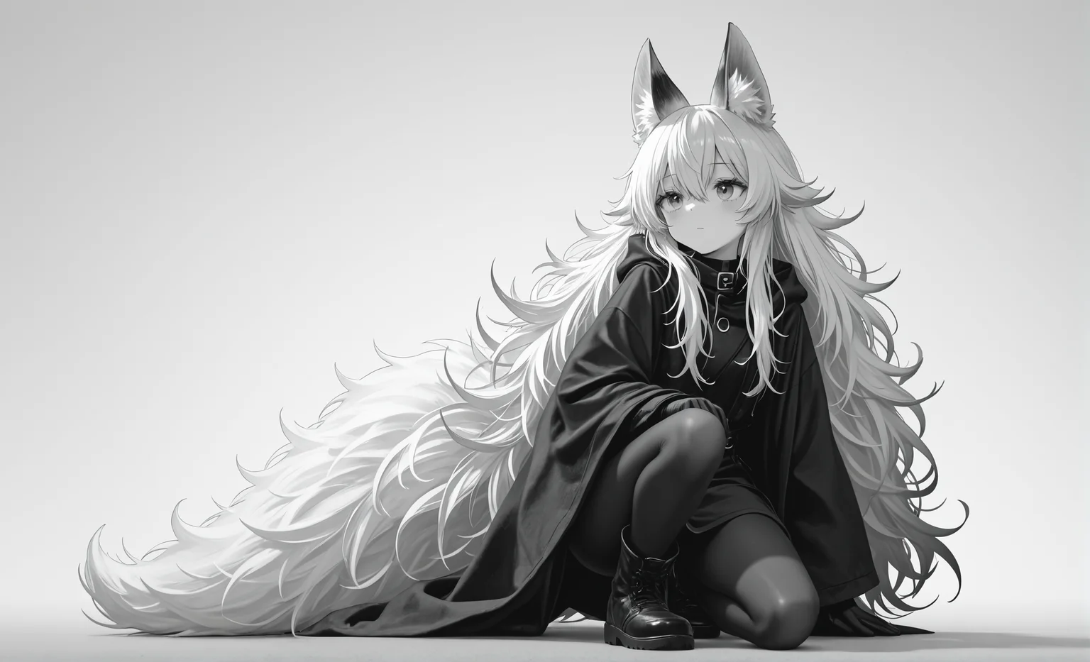 texture masterpiece, best quality, best quality, [quasarcake:crain1art:9], [dlgeria::9], (xxyt-xx:0.85), chen bin, (as109:0.5), fagun_yibei, berryverrine, Turkish, anime, dynamic action scene,
cinematic, 1girl, gradient black (monochrome:0.65), fluffy hair, (from_side:0.67), looking ahead, fluffy hair, hair_flaps, big hair, animal_ears, simple background, thick outlines, Kneeling with one knee up