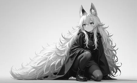 texture masterpiece, best quality, best quality, [quasarcake:crain1art:9], [dlgeria::9], (xxyt-xx:0.85), chen bin, (as109:0.5), fagun_yibei, berryverrine, Turkish, anime, dynamic action scene,
cinematic, 1girl, gradient black (monochrome:0.65), fluffy hair, (from_side:0.67), looking ahead, fluffy hair, hair_flaps, big hair, animal_ears, simple background, thick outlines, Kneeling with one knee up