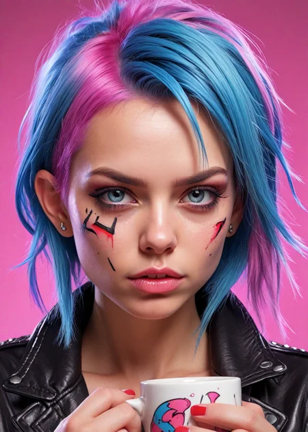 from side from above, anime comic style render, aroused(((woman:1.08), toned female, (punk:0.6), (goth:0.3), (hair: (dyed blueand cyan hair), shaved punk-style side cut,) piercings, tattoos, :1.21) in posing dynamic position, smooth skin, (prominent coffee mug:1.12),
Smirking, biting lip, Exposed cleavage, Glossy hair,
(pui:0.01) steaming mug of coffee, oversized and centered, hand grasping handle, detailed fingers wrapped,
longing expression, comic art style, steam rising, big sculpted 3d sculpture mug, napkin, vibrant colors,(trending:0.92) (masterpiece:1.05), (RAW:0.96),subsurface tering,high definition,amazing quality, (aesthetic:0.9), newest, <lora:LCMTurboMix_Euler_A_fix.safetensors:0.96:0.3> <lora:sdxl\Hyper_Realism_Pony_XL.safetensors:0.85:0.18> p15,s20